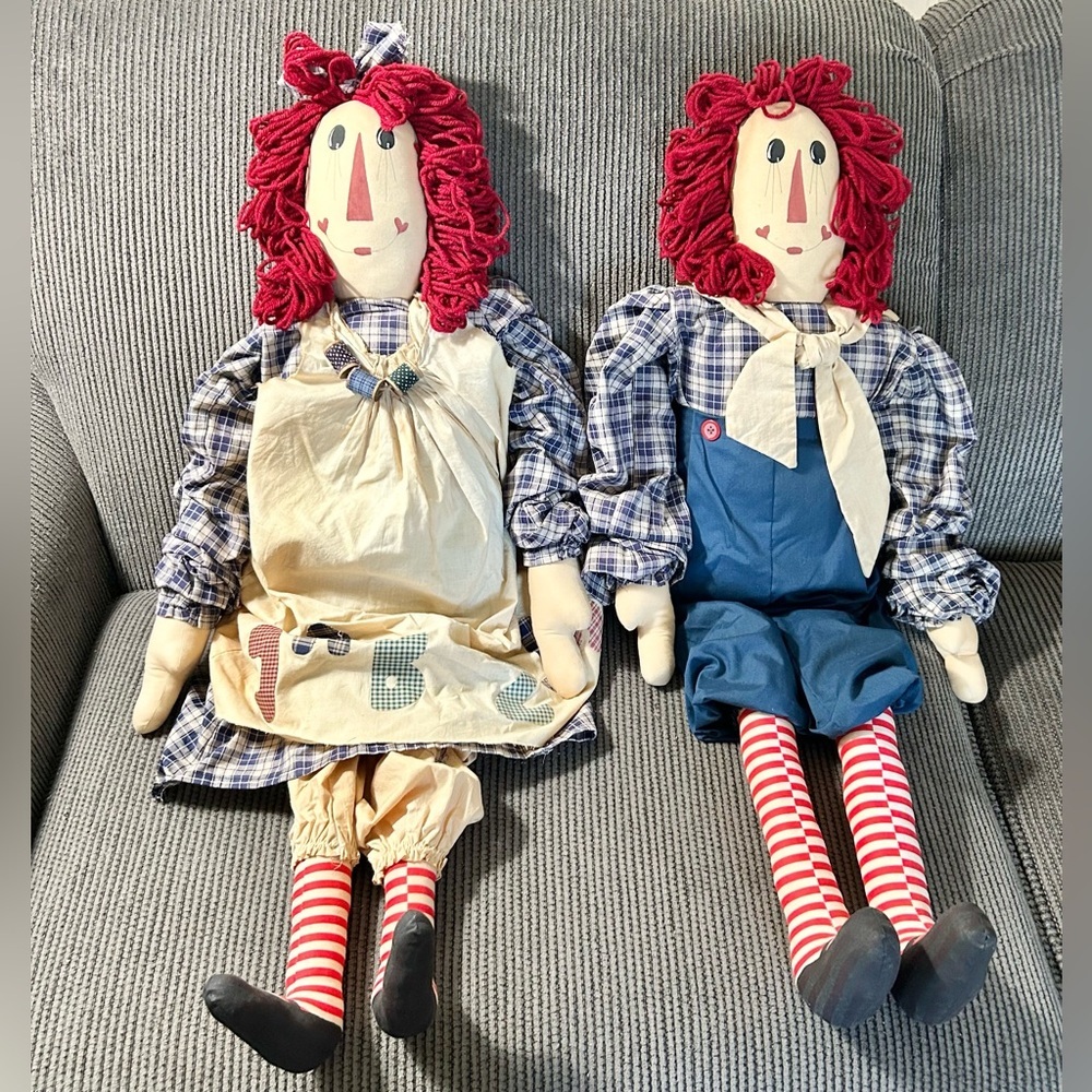 Vintage raggedy Ann/Andy primitive dolls lot of 2 farmhouse country decoration